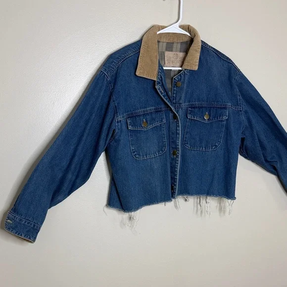 Made in USA Denim Jacket Corduroy Collar Cuffs Women’s Large Cropped Size L - Picture 3 of 16